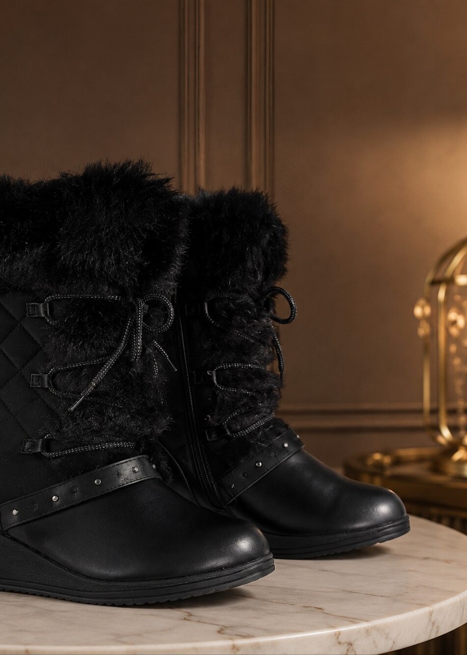 Women's Black Fur-Trim Lace-Up Boots
